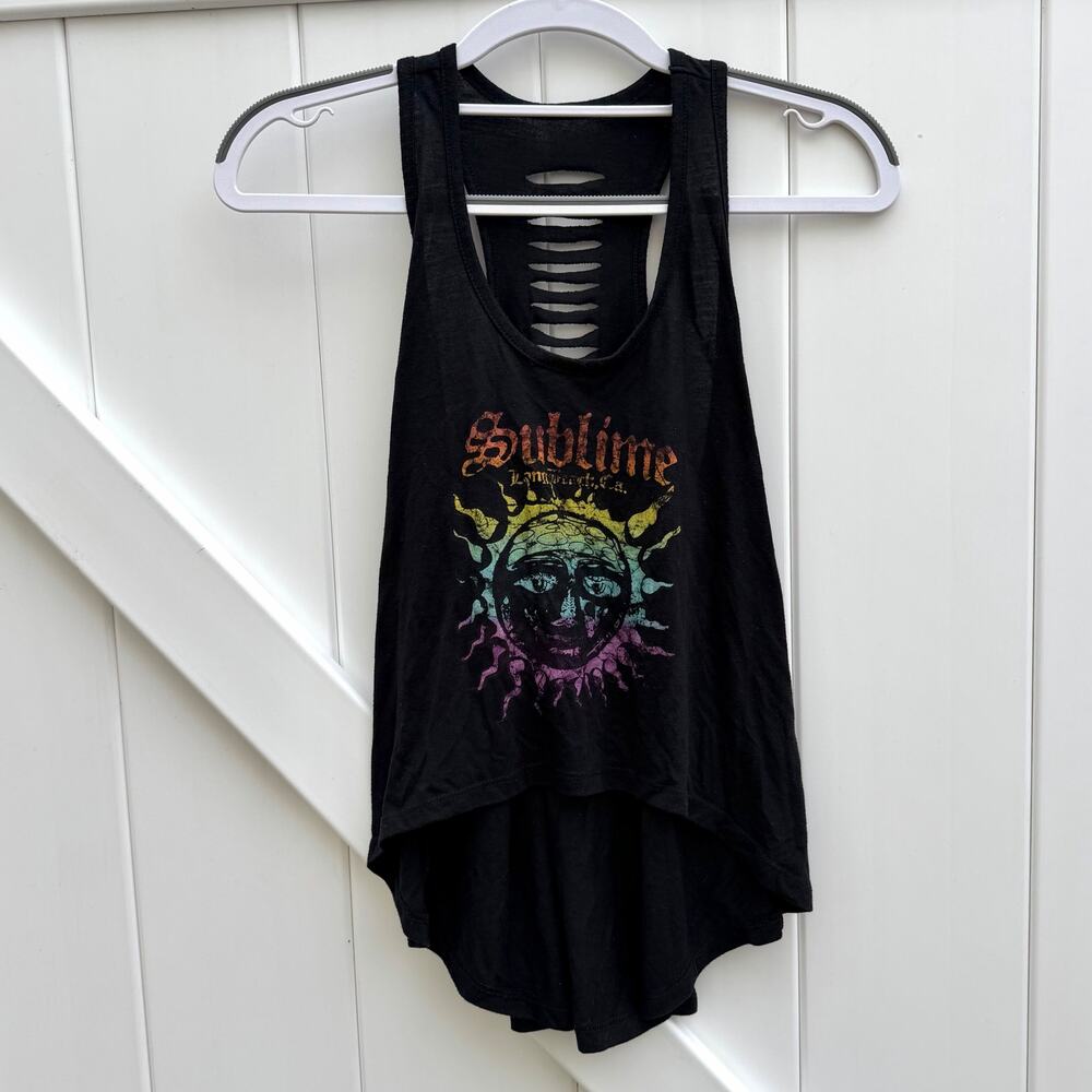 Sublime Live Nation Sun Logo Black Tank Crop Official Small Ladder Cut Distress